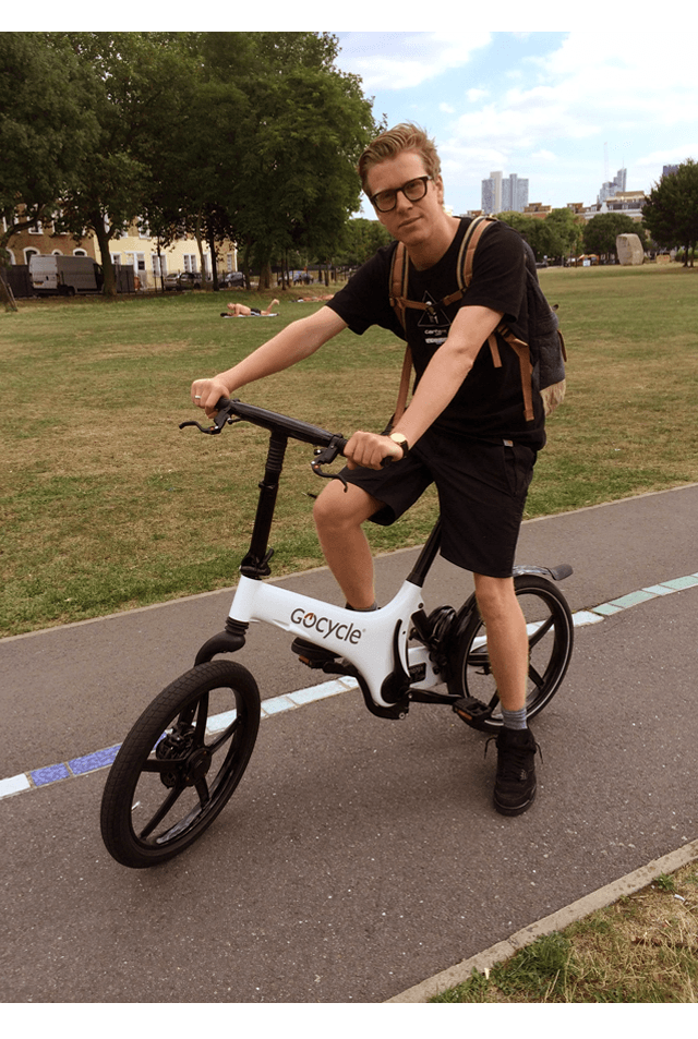 David Hellqvist Mens fashion writer and features editor of PORT Magazine on the Gocycle.